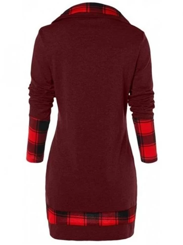 Slips Top Women's Cowl Neck Plaid Button Irregular Hem Patchwork Tartan Sweatshirt Pullover Front Split Tunic Shirt - Wine Re...