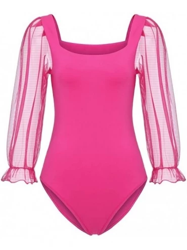 Shapewear Women's Puff Sleeve Square Neck Mesh Surplice Bodysuits Sexy Leotard Tops Bodycon Jumpsuits - Hot Pink - CR196AWMTZ...
