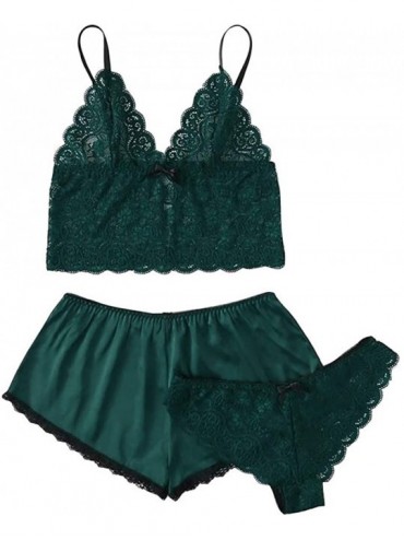 Sets Womens Lace Cami Sets Top with Shorts with Panties 3 Pieces Sleep Set Sexy Lingerie Pajama Set Short Sleepwear Green - C...