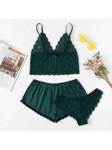 Sets Womens Lace Cami Sets Top with Shorts with Panties 3 Pieces Sleep Set Sexy Lingerie Pajama Set Short Sleepwear Green - C...