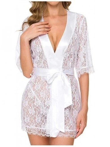 Slips Women's Lace Kimono Robe Babydoll Lingerie Mesh Nightgown Briefs Belt Bathrobe Nightdress - White - C71952HWR8D $19.40