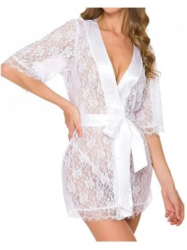 Slips Women's Lace Kimono Robe Babydoll Lingerie Mesh Nightgown Briefs Belt Bathrobe Nightdress - White - C71952HWR8D $12.06