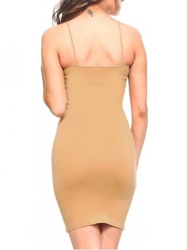 Shapewear Women's Nylon Seamless Long Cami Slip Dress- Plus Size and One Size - Suntan - CF11XM7F3TX $12.77
