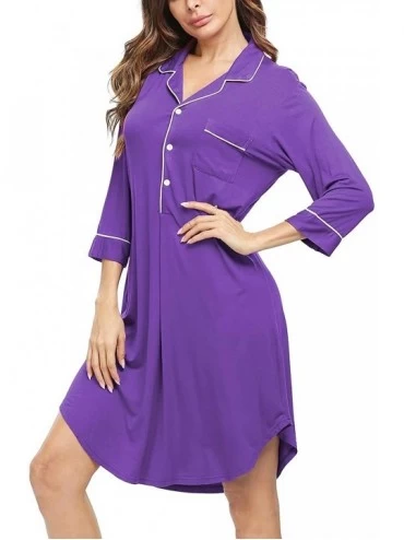 Nightgowns & Sleepshirts Women's Button Down Nightgown 3/4 Sleeve Nightshirt Pajama Top Boyfriend Sleepwear Loungewear Nightd...