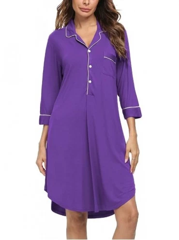 Nightgowns & Sleepshirts Women's Button Down Nightgown 3/4 Sleeve Nightshirt Pajama Top Boyfriend Sleepwear Loungewear Nightd...