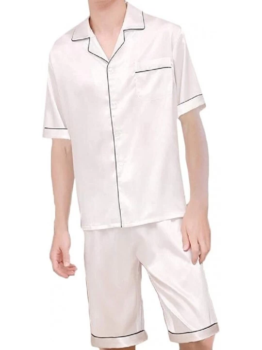 Sleep Sets Mens 2 Pcs Short Sleeve Satin Casual Lounge Loungewear Pajama Set - White - C918SAO8Y8Y $35.84