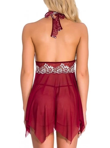 Thermal Underwear Women's Lace Sexy Pajamas-Cardigan Lingerie Backless Nightdress Mesh Sleepwear - Red - CV193Z0QASD $11.56