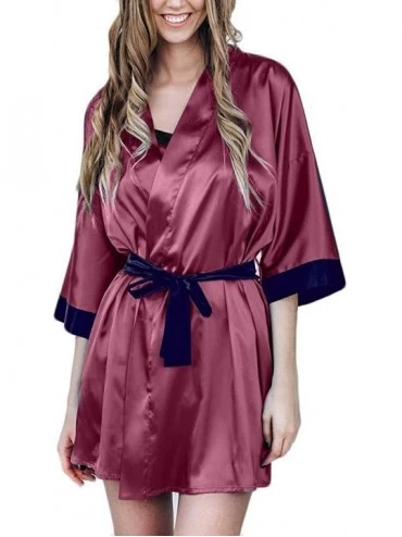 Garters & Garter Belts Women Lingerie Sexy Black Belt Silk Satin Kimono Robe Lace Bathrobe Sleepwear Pajamas - Wine - CH1932D...
