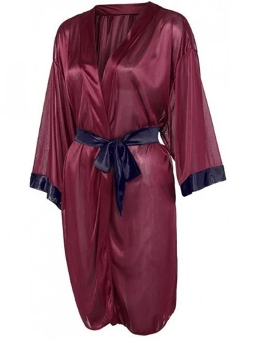 Garters & Garter Belts Women Lingerie Sexy Black Belt Silk Satin Kimono Robe Lace Bathrobe Sleepwear Pajamas - Wine - CH1932D...