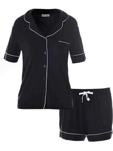 Sets Pajamas for Women Short Sleeve Sleepwear Button Down Nightwear Soft Pj Lounge Sets - Black - CY18SN9WY9X $46.98