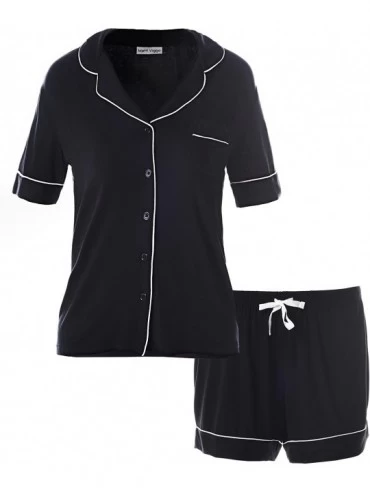Sets Pajamas for Women Short Sleeve Sleepwear Button Down Nightwear Soft Pj Lounge Sets - Black - CY18SN9WY9X $42.97