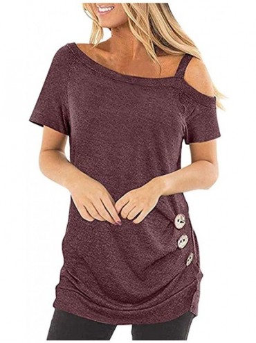 Thermal Underwear Fashion Womens Top S-3XL Casual Cold Shoulder Short Sleeve Button Summer Blouse - Wine - CL199IGC2CQ $33.57