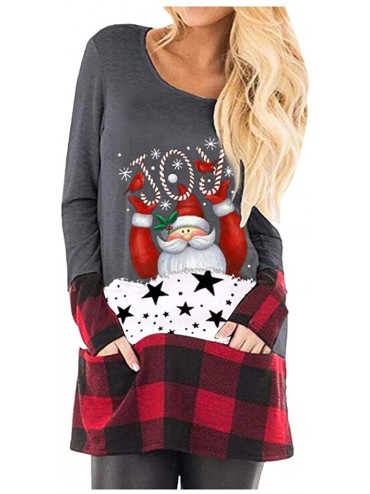 Tops Christmas Tops Women Plaid Splice Hem Long Sleeve T Shirt Cute Tunic Blouse S-5XL - Gray - CL18ARKLDL5 $33.00