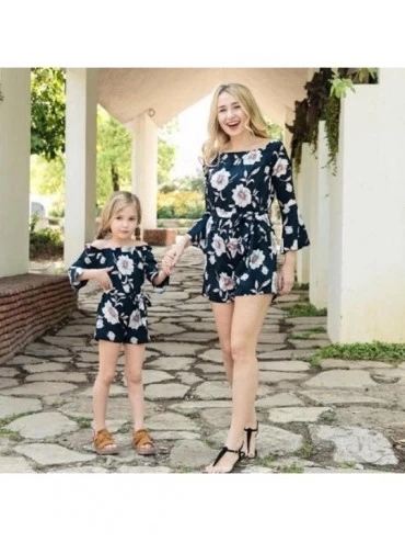 Sets Mom&Me Dress Baby Girls Floral Print Off Shoulder Family Romper Jumpsuit Mother Daughter Matching Shirt Navy Baby 3T - C...