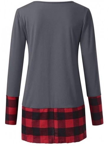 Tops Christmas Tops Women Plaid Splice Hem Long Sleeve T Shirt Cute Tunic Blouse S-5XL - Gray - CL18ARKLDL5 $32.23