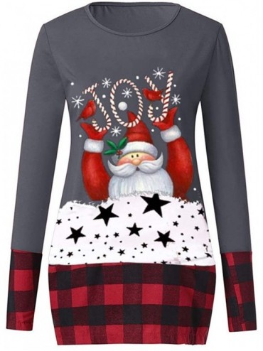 Tops Christmas Tops Women Plaid Splice Hem Long Sleeve T Shirt Cute Tunic Blouse S-5XL - Gray - CL18ARKLDL5 $32.23