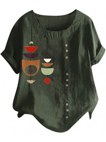 Panties Tops for Women Casual Summer Plus Size O-Neck Printed Loose Button Tunic Shirt - Green-3 - CA18XHOQU3H $32.74