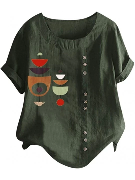 Panties Tops for Women Casual Summer Plus Size O-Neck Printed Loose Button Tunic Shirt - Green-3 - CA18XHOQU3H $21.39