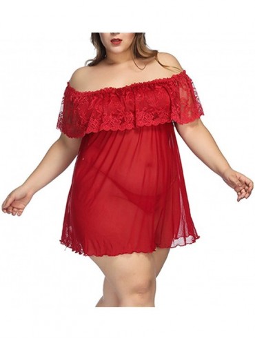 Baby Dolls & Chemises Women Plus Size Robe Babydoll Lingerie Mesh Nightgown Stocking - Red - CS18NYXD3TG $31.20