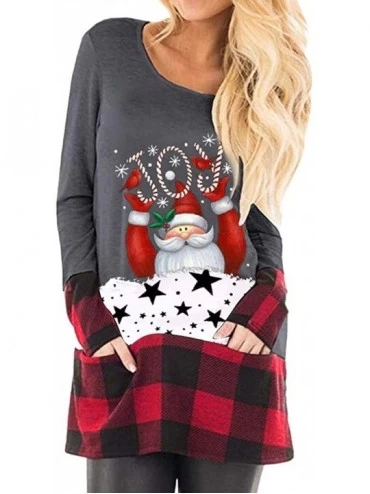 Tops Christmas Tops Women Plaid Splice Hem Long Sleeve T Shirt Cute Tunic Blouse S-5XL - Gray - CL18ARKLDL5 $18.42