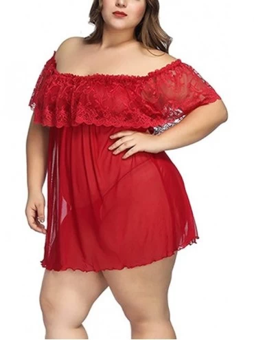 Baby Dolls & Chemises Women Plus Size Robe Babydoll Lingerie Mesh Nightgown Stocking - Red - CS18NYXD3TG $17.05