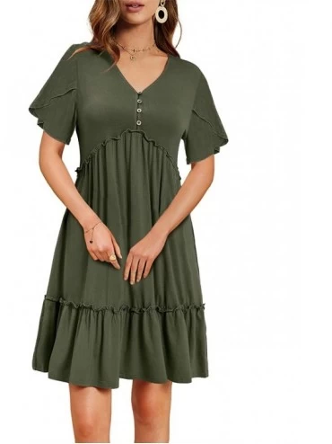 Nightgowns & Sleepshirts Women's Casual Ruffle Dresses Button V Neck Long Sleeve Empire Waist Swing Tunic Dress - Z-army Gree...
