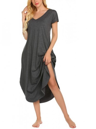 Nightgowns & Sleepshirts Women's Sleepwear Casual V Neck Nightshirts Short Sleeve Long Nightgown Pockets Loungewear - Dark Fl...