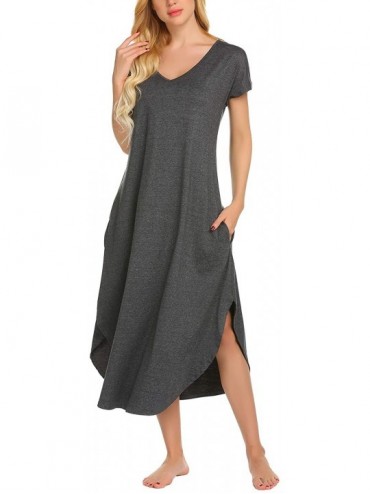 Nightgowns & Sleepshirts Women's Sleepwear Casual V Neck Nightshirts Short Sleeve Long Nightgown Pockets Loungewear - Dark Fl...