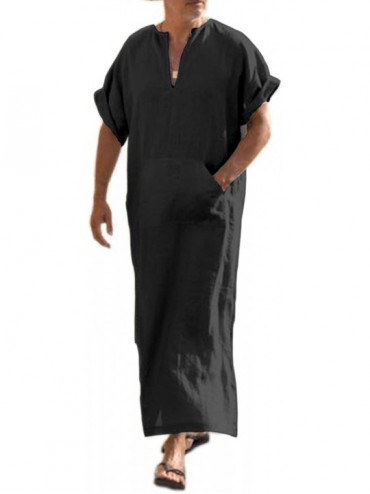Robes Men's V-Neck Linen Robe Short Sleeve Kaftan Thobe Long Gown Casual Shirt for Beach- Summer - Black - CA196QQKSTH $59.42