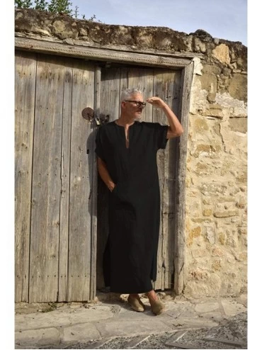 Robes Men's V-Neck Linen Robe Short Sleeve Kaftan Thobe Long Gown Casual Shirt for Beach- Summer - Black - CA196QQKSTH $24.70