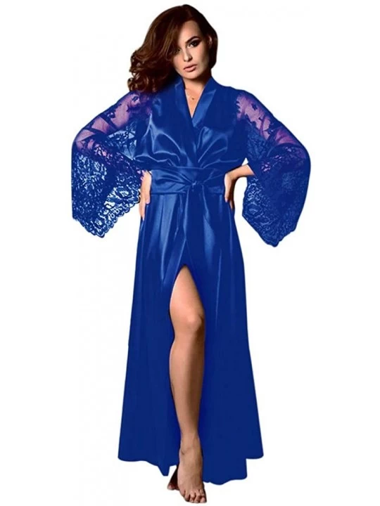 Robes Nightgown Robe Sleepwear Women Satin Long Nightdress Silk Lace Lingerie Sexy Clothes Underwear Cardigan Dress Blue - CH...