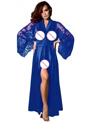 Robes Nightgown Robe Sleepwear Women Satin Long Nightdress Silk Lace Lingerie Sexy Clothes Underwear Cardigan Dress Blue - CH...