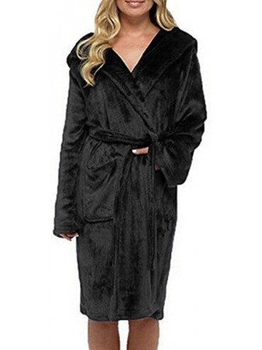 Robes Women Nightgown Solid Color Long Sleeve Plush Soft Bathrobes Fleece Hooded Bathrobe Lady Long Bathrobe with Belt Black ...