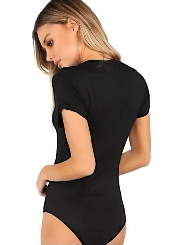 Shapewear Women's Short Sleeve Tops Basic V-Neck Leotard Bodysuit Jumpsuit - Black - CR17YCYI4MG $18.49