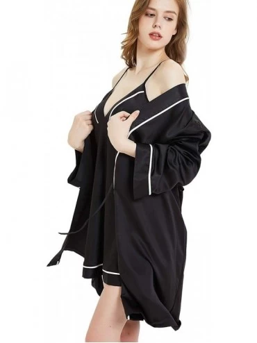 Sets Womens Silky Satin Kimono with Long Sleeves Bathrobe Soft Sleepwear V Neck Lingerie Wedding Party Robes Black Set - CR18...