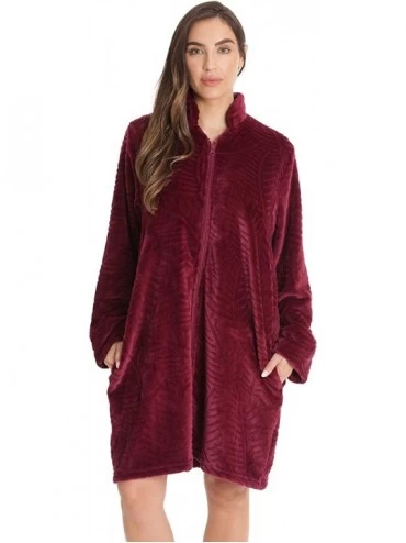 Robes Plush Zipper Lounger Short Robe - Wine - C818WRXHA94 $44.76