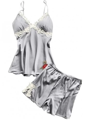 Sets Sleepwear Women Printed V-Neck Lace Camisole Sleepshirt Nightdress Pajamas Sets Lingerie - Grey - CX198H27AX3 $29.01
