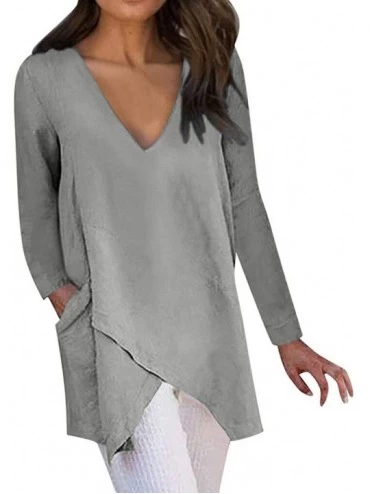 Slips Fashion Women V Neck 3/4 Sleeve Solid Irregular Tops Loose Casual Pockets Blouses Shirts - Gray 2 - C418XG2X4T7 $31.32