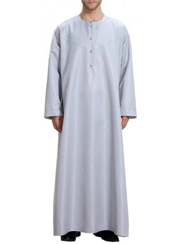 Robes Men Arab Relaxed Jalabiya Kaftan Muslim Middle East Long Sleeve Robe - Grey - CO18SERLELS $63.44