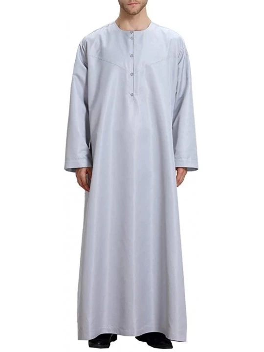 Robes Men Arab Relaxed Jalabiya Kaftan Muslim Middle East Long Sleeve Robe - Grey - CO18SERLELS $39.44