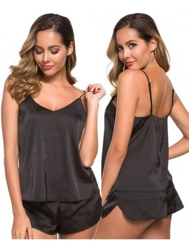 Sets Womens Sexy Lingerie Silk Satin Pajamas Cami Shorts Set Sleepwear - Black 1 - CC1993KR0QI $32.85