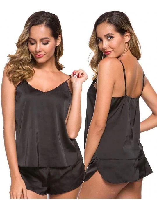 Sets Womens Sexy Lingerie Silk Satin Pajamas Cami Shorts Set Sleepwear - Black 1 - CC1993KR0QI $16.21
