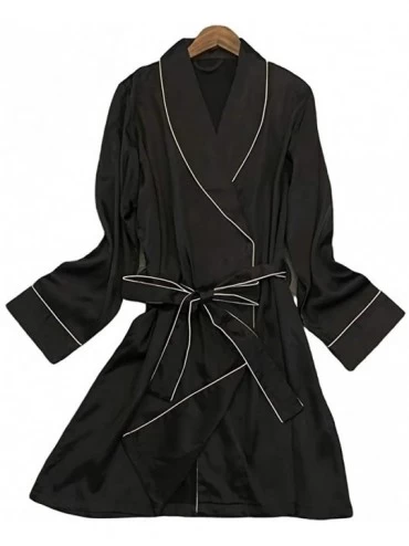 Robes Womens Satin Pure Colour Short Bathrobes Bridesmaid Silk Kimono for Wedding Party Long Sleeve Robe with Sashes Black - ...