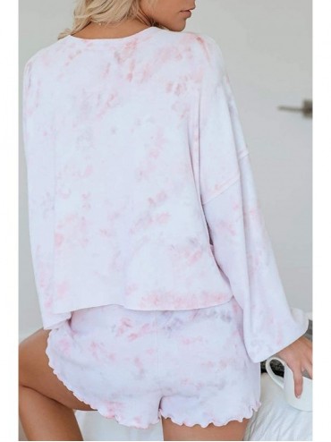 Sets Tie Dye Lounge Wear Tie Waist Button Down Pajama Set Long Sleeve Sleepwear Pj Sets - Light Pink - CB1979LTERI $55.65
