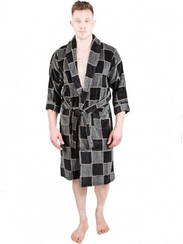 Robes Mens Bathrobe Terry Cloth Plaid Spa Robe 100% Natural Cotton - Grey 1 - CI18XAAX7HA $81.78