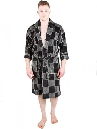 Robes Mens Bathrobe Terry Cloth Plaid Spa Robe 100% Natural Cotton - Grey 1 - CI18XAAX7HA $68.77