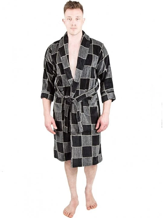Robes Mens Bathrobe Terry Cloth Plaid Spa Robe 100% Natural Cotton - Grey 1 - CI18XAAX7HA $38.10