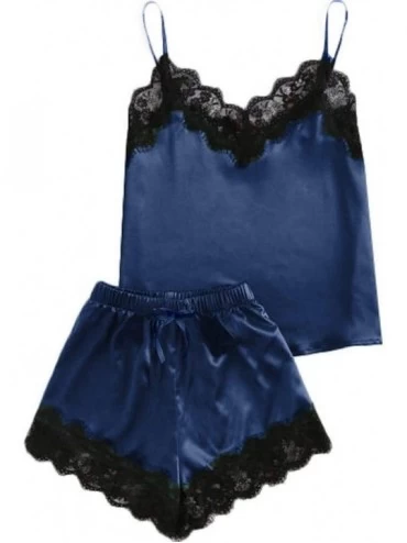 Sets Women Sleepwear Soft Sleeveless Straps Lace Trim Satin Top Shorts Pajama Sets Nightwear S Dark Blue Dark Blue - C418SQII...