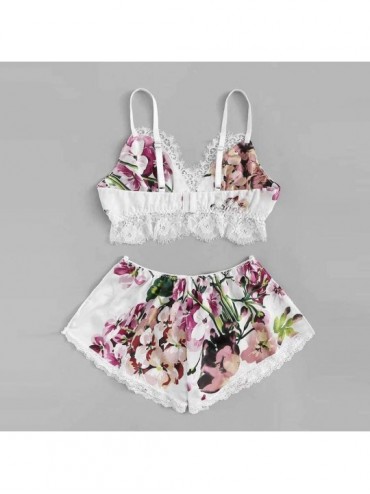Accessories Lace Pajamas Set Sexy Floral Bow Satin Lingerie Set Babydoll Sleepwear for Womens - White - CJ198423543 $28.10