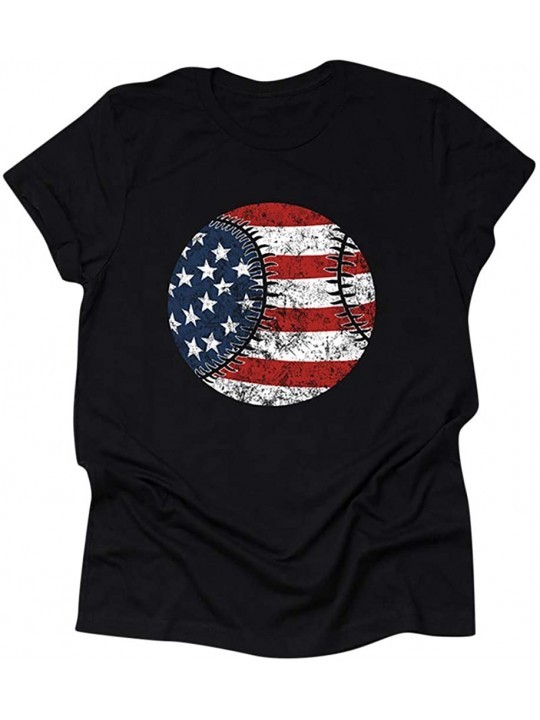 Thermal Underwear Women Fashion O-Neck Baseball Flag-Print Short Sleeve T-Shirt Graphical Blouse - Black - CF190SUA92G $44.68